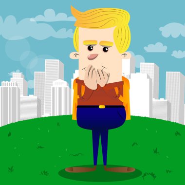 Eller üzerinde ağız ile okul çocuğu. Vektör çizgi film karakteri çizim.