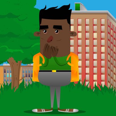 Eller üzerinde ağız ile okul çocuğu. Vektör çizgi film karakteri çizim.