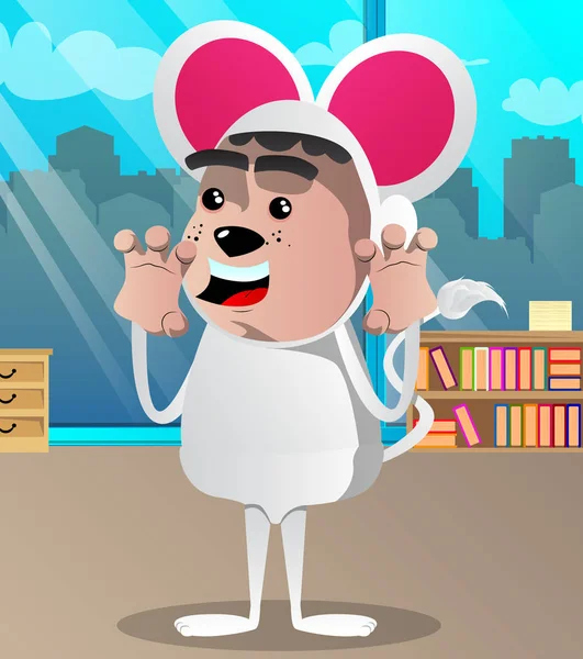 Chłopiec Ubrany Jak Myszy Próbuje Straszyć Charakter Ilustracja Kreskówka Wektor — Wektor stockowy