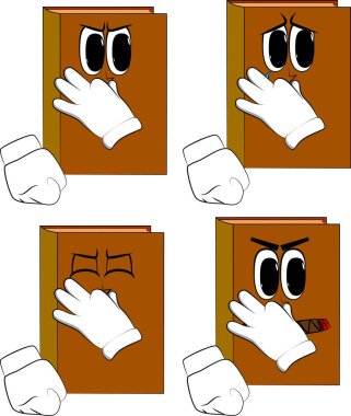 Kötü bir koku yüzünden burnunu tutan kitaplar. Kızgın ve üzgün yüzlerle karikatür kitap koleksiyonu. İfadeler kümesi vektör.