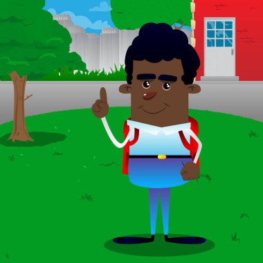 Bir şey anlatmaya okul çocuğu. Vektör çizgi film karakteri çizim.