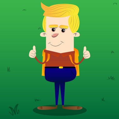 İki el işaretiyle Yaşasın yapma okul çocuğu. Vektör çizgi film karakteri çizim.