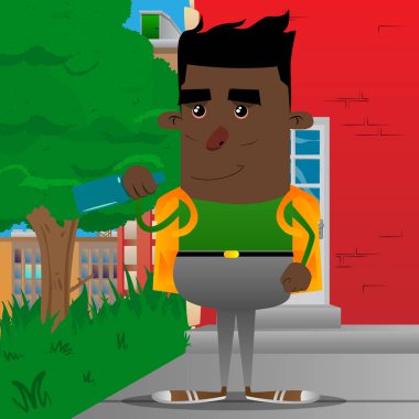 Bir şişe tutan okul çocuğu. Vektör çizgi film karakteri çizim.