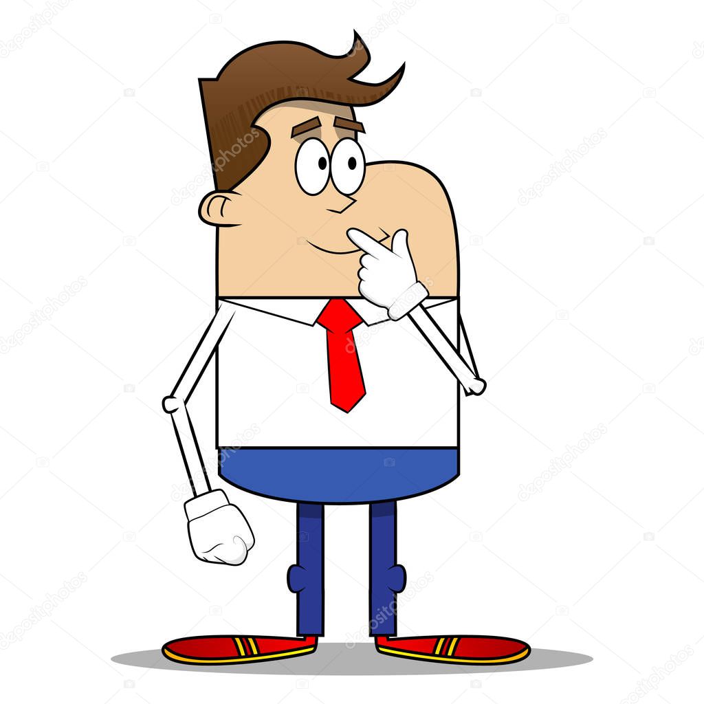 Simple retro cartoon of a businessman holdin finger front of his mouth. Vector cartoon illustration.