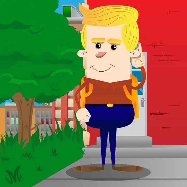 Okul çocuğu tutan el onun kulağına, dinleme. Vektör çizgi film karakteri çizim.