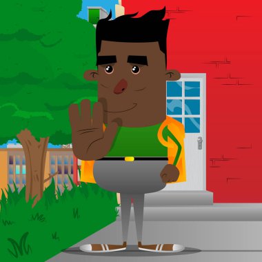 Gösterilen okul çocuğu inkar ya da el hareketi reddetme. Vektör çizgi film karakteri çizim.