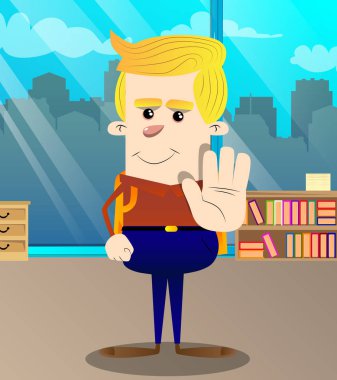 Gösterilen okul çocuğu inkar ya da el hareketi reddetme. Vektör çizgi film karakteri çizim.