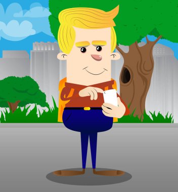 Bir cep telefonu kullanarak okul çocuğu. Vektör çizgi film karakteri çizim.