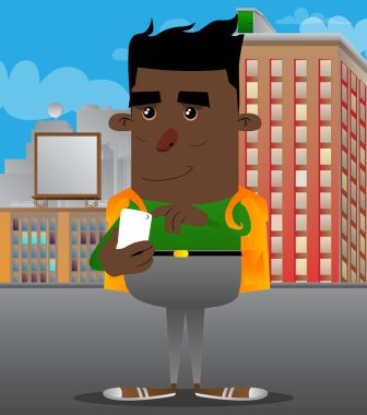 Bir cep telefonu kullanarak okul çocuğu. Vektör çizgi film karakteri çizim.