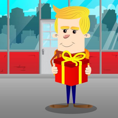 Okul çocuğu holding büyük hediye kutusu. Vektör çizgi film karakteri çizim.