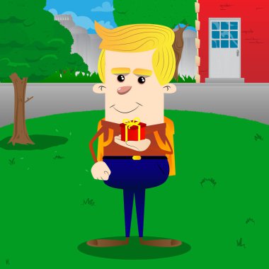 Okul çocuğu holding küçük hediye kutusu. Vektör çizgi film karakteri çizim.