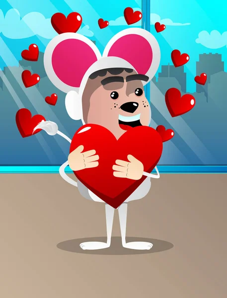 Boy Dressed Mouse Hugging Big Red Heart Vector Cartoon Character — Stock Vector