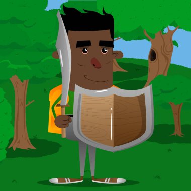 Okul çocuğu bir kılıç ve kalkan. Vektör çizgi film karakteri çizim.