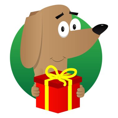 Resimli köpek büyük hediye kutusu holding karikatür.