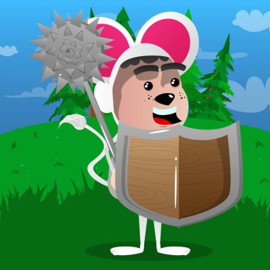 Çocuk bir çivili mace ve kalkan tutarak fare gibi giyinmiş. Vektör çizgi film karakteri çizim.