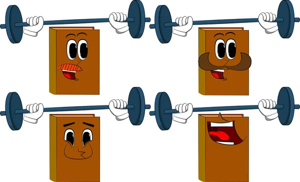 Books Weightlifter Lifting Barbell Cartoon Book Collection Happy Faces Expressions — Stock Vector