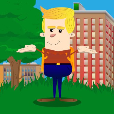 Okul çocuğu omuz silkiyor omuz ifade jest bilmiyorum. Vektör çizgi film karakteri çizim.