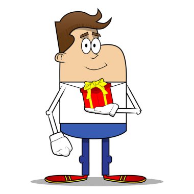 Retro basit çizgi film küçük hediye kutusu tutan bir işadamı. Vektör karikatür çizim.