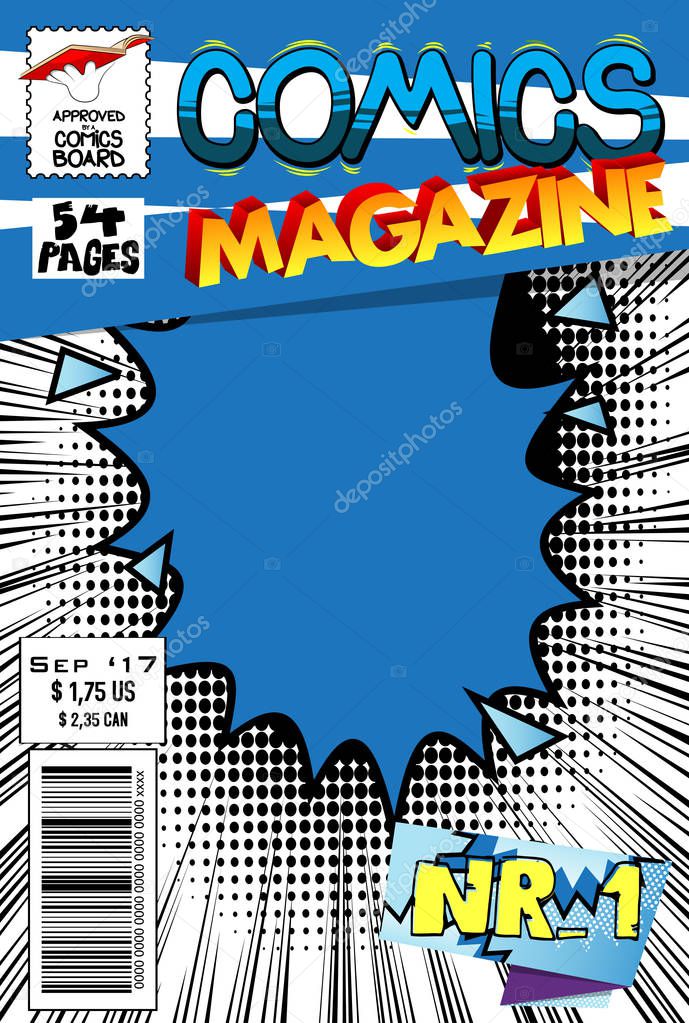 Editable comic book cover with abstract explosion background.