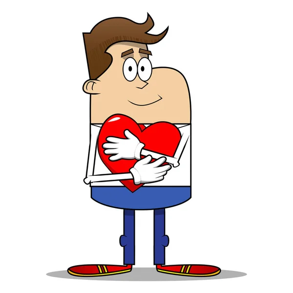 Jednoduchý Retro Kreslený Podnikatel Objímání Velké Červené Srdce Vektorové Ilustrace — Stockový vektor