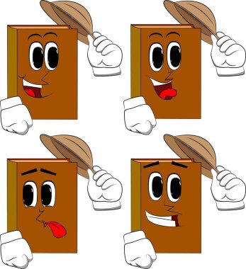Şapkasını devrilme kitaplar. Karikatür kitap koleksiyonu ile mutlu yüzler. İfadeler kümesi vektör.