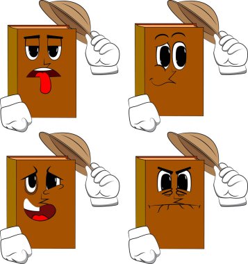 Şapkasını devrilme kitaplar. Üzgün, bıkkın ve kızgın yüzü olan çizgi film kitap koleksiyonu. İfadeler kümesi vektör.