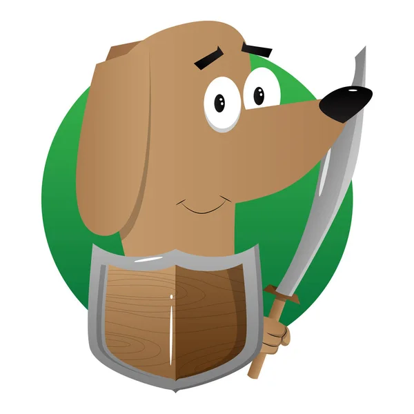 Cartoon illustrated dog holding a sword and shield.