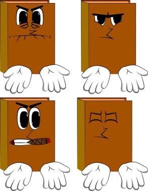 İki eliyle bir şeyler gösteriyor veya ifade kitaplar jest bilmiyorum. Kızgın yüzü olan çizgi film kitap koleksiyonu. İfadeler kümesi vektör.