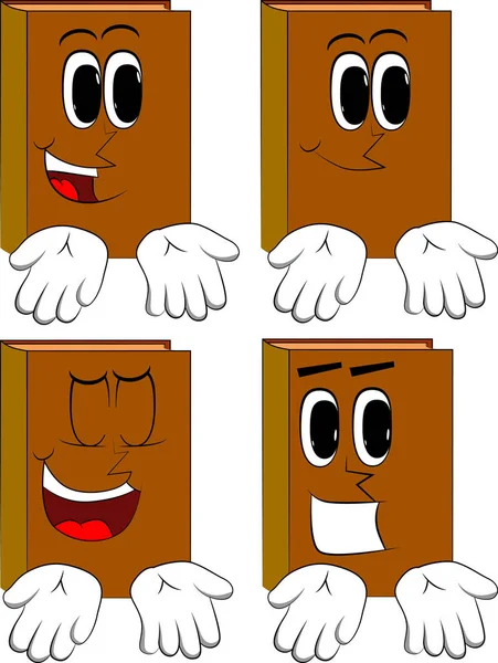 İki eliyle bir şeyler gösteriyor veya ifade kitaplar jest bilmiyorum. Karikatür kitap koleksiyonu ile mutlu yüzler. İfadeler kümesi vektör.
