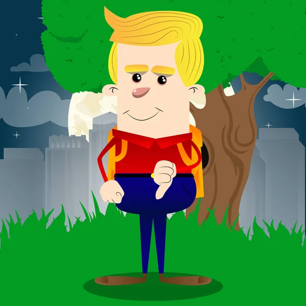 Sevmediğim el işaret gösteren okul çocuğu. Vektör çizgi film karakteri çizim.