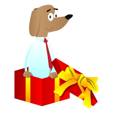 Karikatür resimli iş köpek hediye kutusunda.