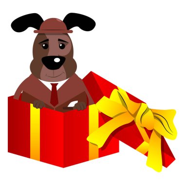 Karikatür resimli iş köpek hediye kutusunda.