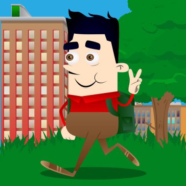 V işaret gösteren okul çocuğu. Vektör çizgi film karakteri çizim.