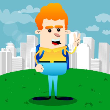 V işaret gösteren okul çocuğu. Vektör çizgi film karakteri çizim.