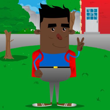 V işaret gösteren okul çocuğu. Vektör çizgi film karakteri çizim.