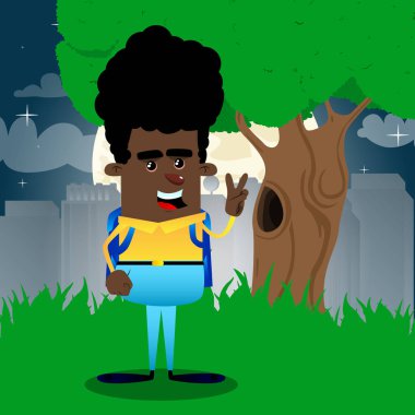 V işaret gösteren okul çocuğu. Vektör çizgi film karakteri çizim.