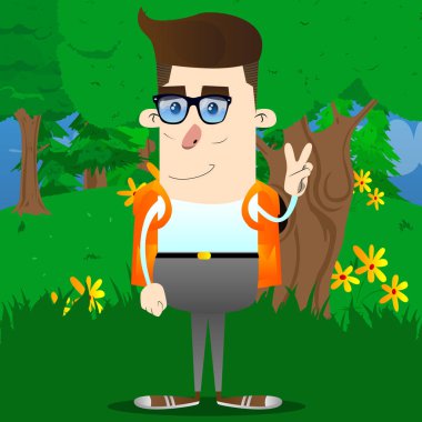 V işaret gösteren okul çocuğu. Vektör çizgi film karakteri çizim.