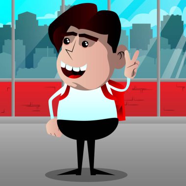 V işaret gösteren okul çocuğu. Vektör çizgi film karakteri çizim.