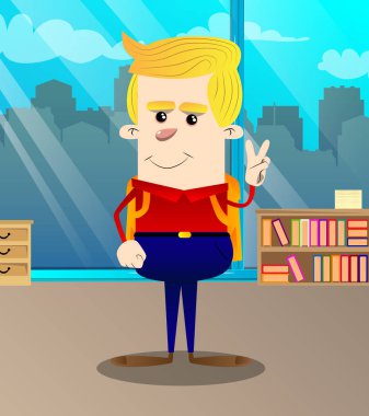 V işaret gösteren okul çocuğu. Vektör çizgi film karakteri çizim.