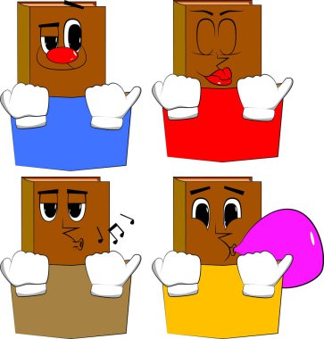 Kitap kitap okuma ve arkasında saklanıyor. Karikatür kitap koleksiyonu ile çeşitli yüzleri. İfadeler kümesi vektör.