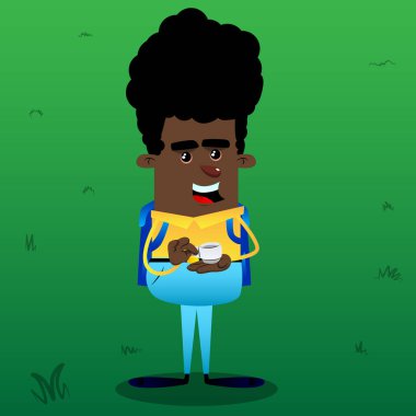 Bir fincan kahve tutan okul çocuğu. Vektör çizgi film karakteri çizim.