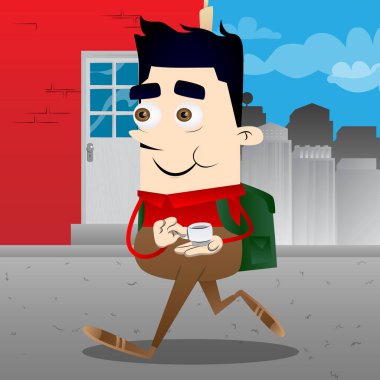 Bir fincan kahve tutan okul çocuğu. Vektör çizgi film karakteri çizim.