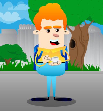 Bir fincan kahve tutan okul çocuğu. Vektör çizgi film karakteri çizim.