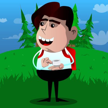 Bir fincan kahve tutan okul çocuğu. Vektör çizgi film karakteri çizim.