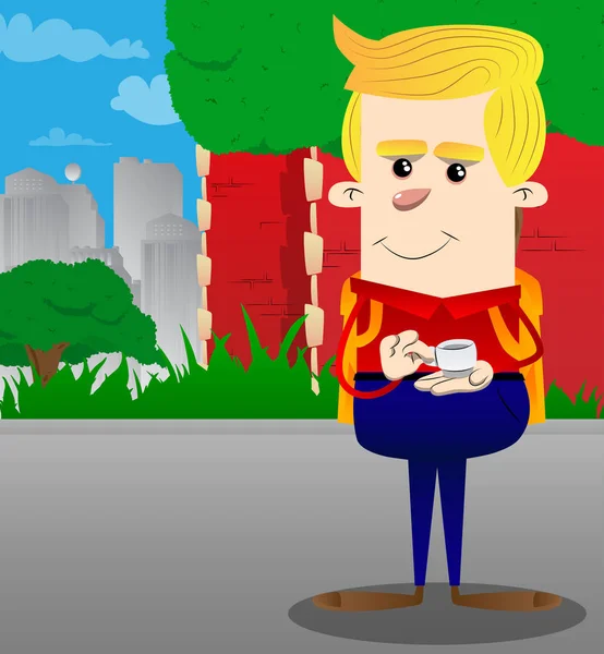 Bir fincan kahve tutan okul çocuğu. Vektör çizgi film karakteri çizim.