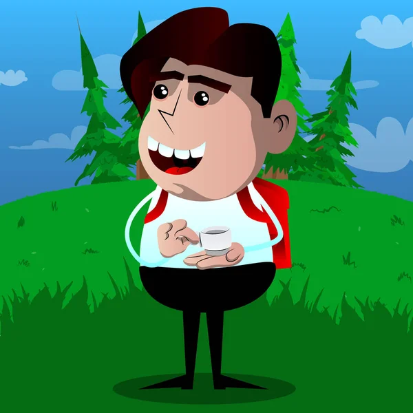 Bir fincan kahve tutan okul çocuğu. Vektör çizgi film karakteri çizim.