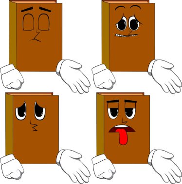 Kitaplar yardım eder. Karikatür kitap koleksiyonu ile yüzleri üzgün. İfadeler kümesi vektör.