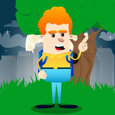 Hayır parmağıyla demek okul çocuğu. Vektör çizgi film karakteri çizim.