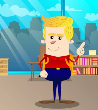 Hayır parmağıyla demek okul çocuğu. Vektör çizgi film karakteri çizim.