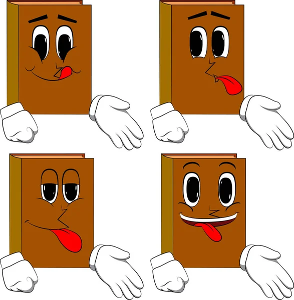 Kitaplar yardım eder. Karikatür kitap koleksiyonu ile mutlu yüzler. İfadeler kümesi vektör.